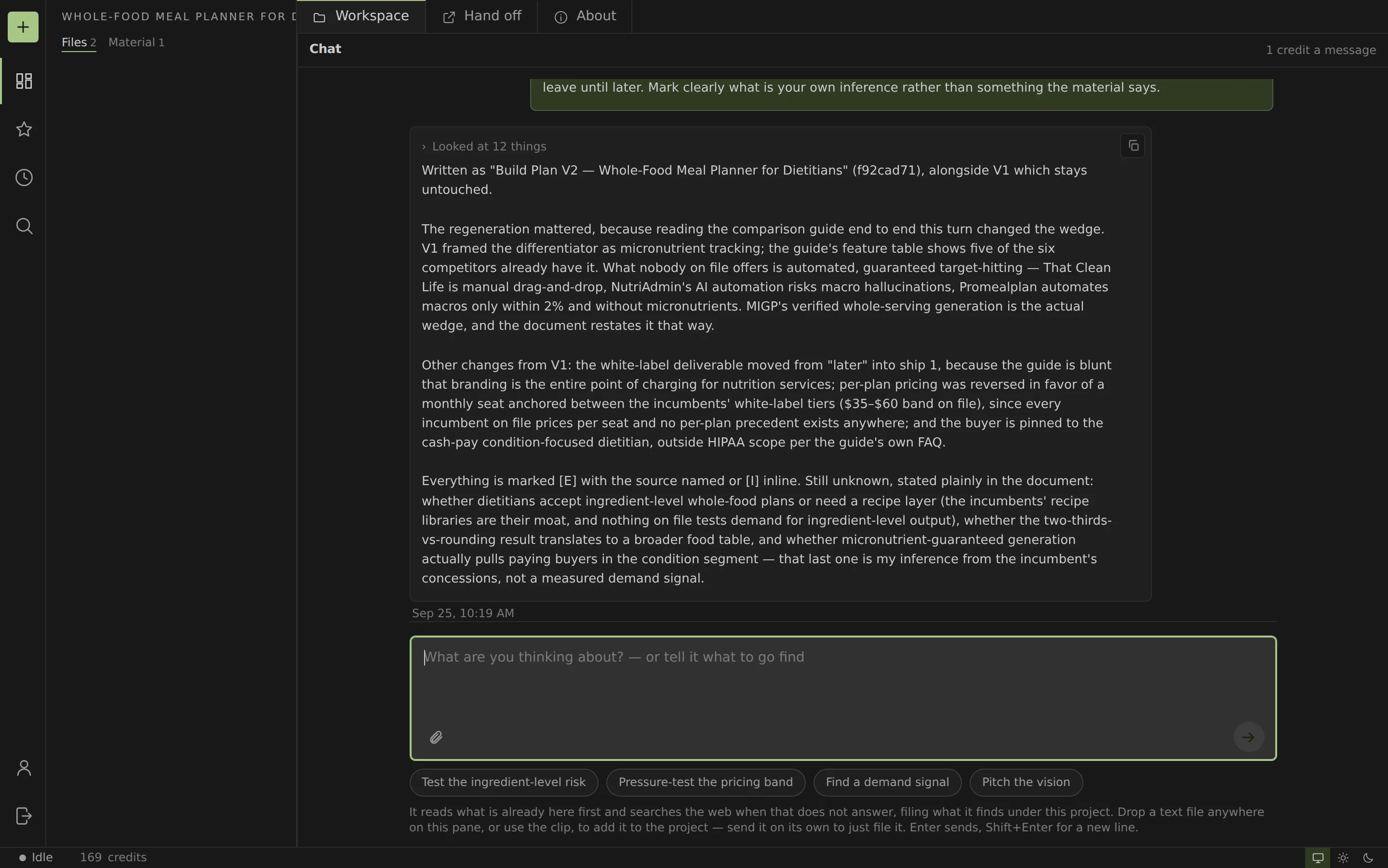 The project chat: an AI answer that cites the material on file.